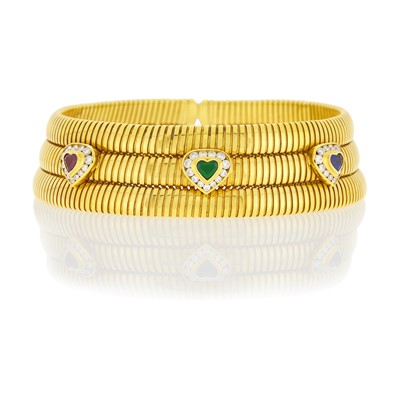 Lot 43 - Wide Three Row Gold, Colored Stone and Diamond Snake Link Choker Necklace