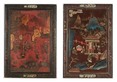 Lot 85 - Two Chinese Lacquered Panels with Jade Belt Hooks