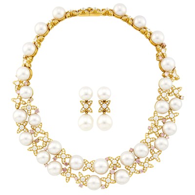 Lot 136 - Paspaley Gold, South Sea Cultured Pearl, Diamond and Colored Diamond Necklace and Pair of Pendant-Earrings