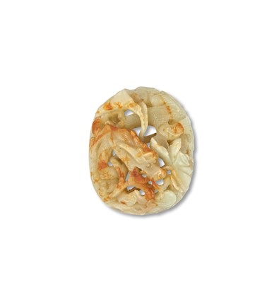 Lot 444 - A Chinese Celadon and Russet Jade Plaque