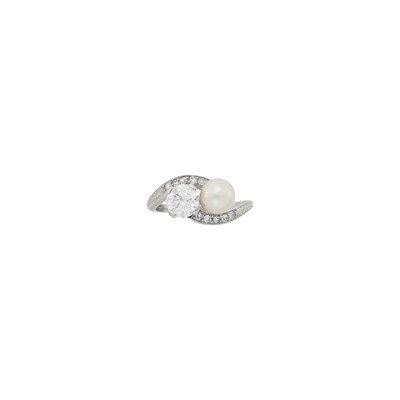 Lot 82 - Platinum, Diamond and Natural Pearl Ring