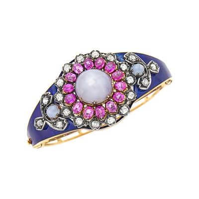 Lot 46 - Antique Gold, Silver, Gray Star Sapphire, Pink Sapphire, Diamond and Blue Enamel Bangle Bracelet
