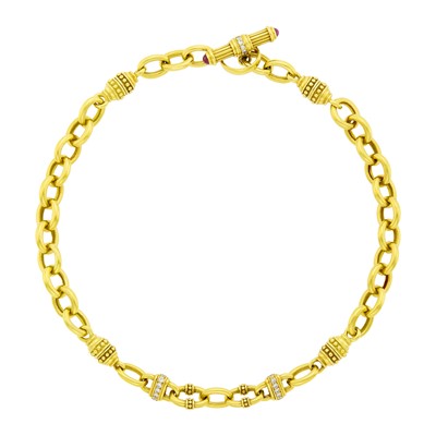 Lot 11 - Judith Ripka Gold, Cabochon Ruby and Diamond Chain Toggle Necklace