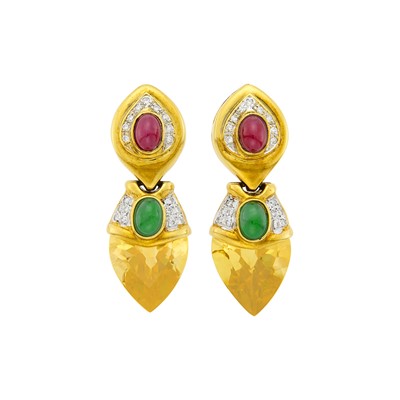 Lot 15 - Pair of Gold, Cabochon Colored Stone, Citrine and Diamond Pendant-Earclips