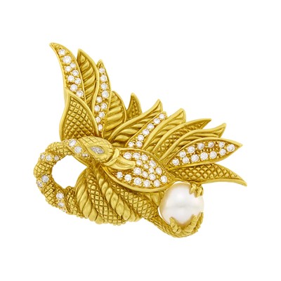 Lot 186 - Judith Ripka Gold, Diamond and South Sea Cultured Pearl Bird Clip-Brooch
