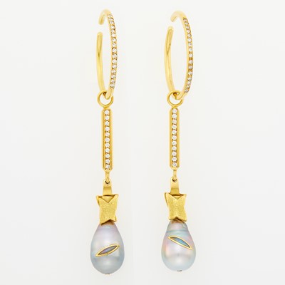 Lot 1052 - Pair of Gold, Diamond, Gray Cultured Pearl and Opal Pendant Hoop Ear Cuffs