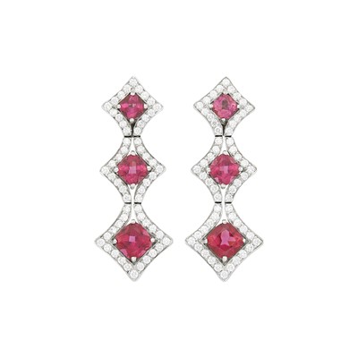 Lot 146 - Tanagro Pair of Platinum, Rubellite, and Diamond Pendant-Earclips