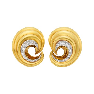 Lot 9 - Cartier Pair of Two-Color Gold and Diamond Crescent Earclips