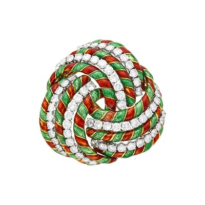 Lot 132 - David Webb Gold, Platinum, Diamond and Red and Green Enamel Clip-Brooch