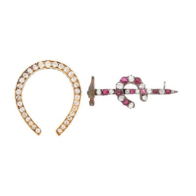 Lot 1097 - Two Gold, Silver, Diamond and Ruby Horseshoe Pins