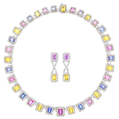 Lot 154 - Two-Color Gold, Multicolored Sapphire and Diamond Necklace and Pair of Pendant-Earrings