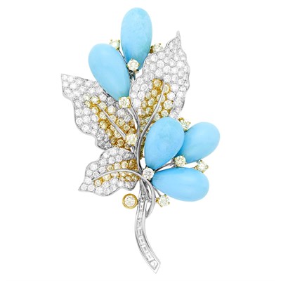 Lot 81 - Two-Color Gold, Reconstituted Turquoise, Colored Diamond and Diamond Clip-Brooch