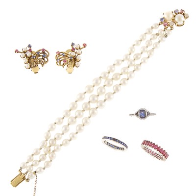 Lot 1102 - Group of Gold, Platinum, Cultured Pearl and Gem-Set Jewelry