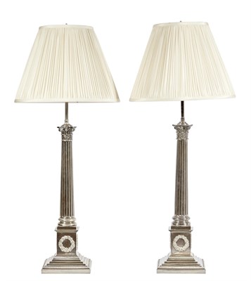 Lot 116 - Pair of Silver Plated Columnar Table Lamps...