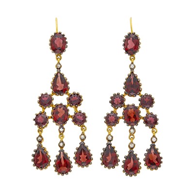 Lot 52 - Pair of Antique Silver-Gilt, Garnet and Diamond Girandole Pendant-Earrings
