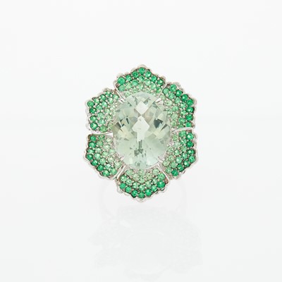 Lot 1192 - White Gold, Prasiolite and Tsavorite Garnet Ring