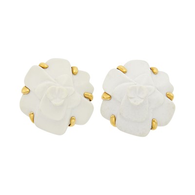 Lot 136 - Chanel Pair of Gold and White Ceramic 'Camelia' Earclips, France