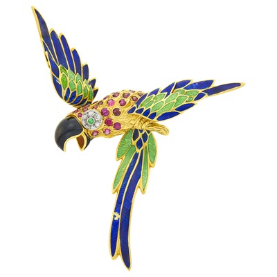 Lot 101 - Gold, Enamel, Ruby, Diamond and Emerald Bird Clip-Brooch