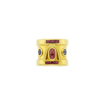 Lot 22 - Wide Gold, Ruby and Sapphire Band Ring