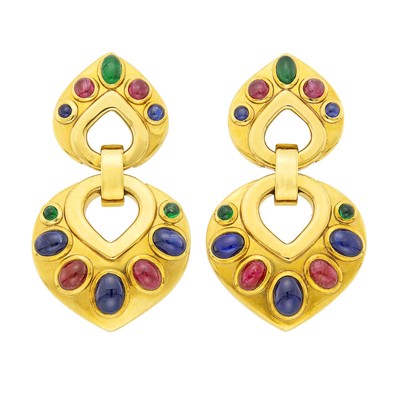 Lot 41 - Pair of Gold and Cabochon Colored Stone Pendant-Earclips
