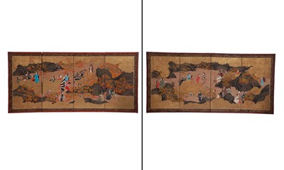 Lot 198 - A Pair of Japanese Four-Fold Figural Screens