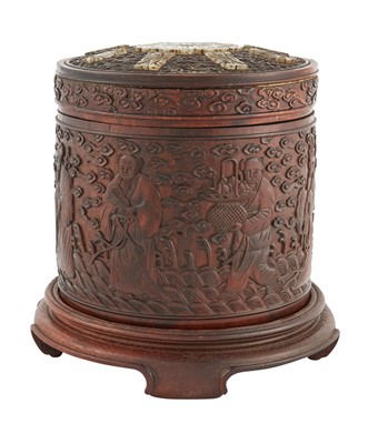 Lot 169 - A Chinese Jade-Inset Hardwood Brush Pot and Cover