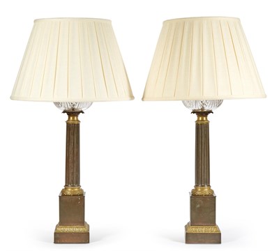 Lot 97 - Pair of Patinated Metal and Glass Fluid Lamps...