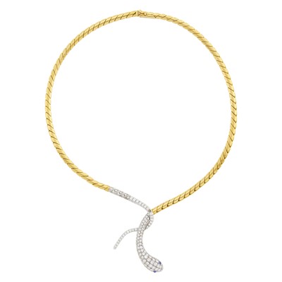 Lot 1023 - Two-Color Gold, Diamond and Cabochon Sapphire Snake Necklace