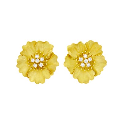 Lot 57 - Tiffany & Co Pair of Gold and Diamond Flower Earclips