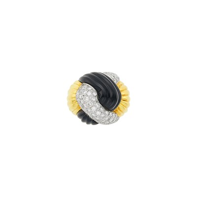 Lot 4 - Two-Color Gold, Fluted Black Onyx and Diamond Knot Ring