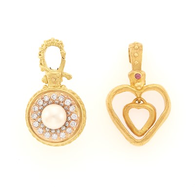 Lot 1024 - Two Gold, Cultured Pearl, Cabochon Ruby and Diamond Pendants
