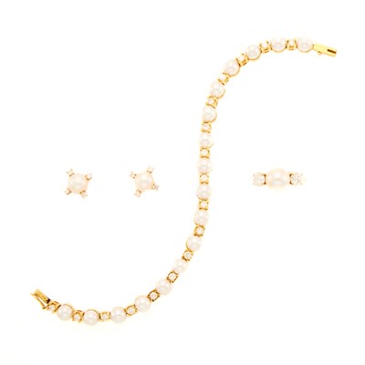 Lot 1120 - Gold, Cultured Pearl Bracelet, Ring and Pair of Earrings