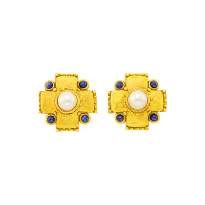 Lot 12 - Denise Roberge Pair of Gold, Cultured Pearl and Cabochon Sapphire Earclips