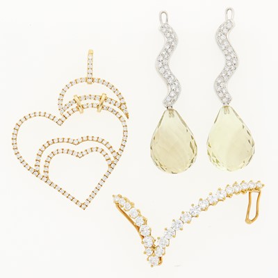 Lot 1212 - Pair of White Gold Diamond and Green Briolette Pendants and Two Gold and Diamond Pendants