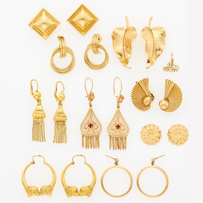 Lot 1224 - Group of Gold Earrings, Two Leaf Pins and Charm