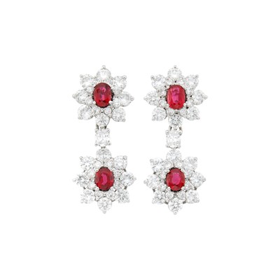 Lot 150 - Pair of White Gold, Ruby and Diamond Pendant Earrings