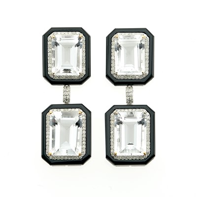 Lot 1126 - Pair of Silver, Rock Crystal, Black Onyx and Diamond Pendant-Earrings