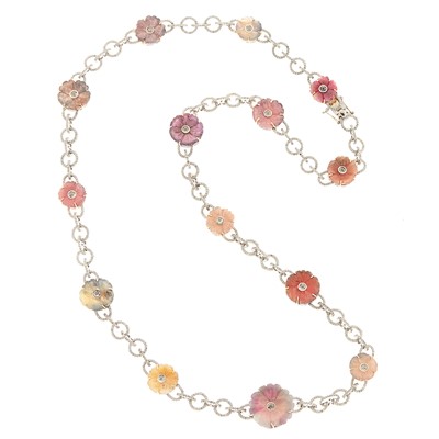 Lot 1124 - Gold, Silver, Carved Multicolored Sapphire and Diamond Necklace