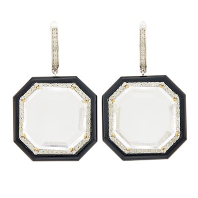 Lot 1171 - Pair of Silver, Rock Crystal and Black Onyx Pendant-Earrings