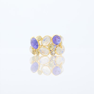 Lot 1272 - Gold, Cabochon Moonstone, Tanzanite and Colored Diamond Freeform Band Ring
