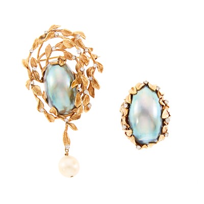 Lot 1049 - Gold, Blue Blister and Cultured Pearl and Diamond Brooch and Ring