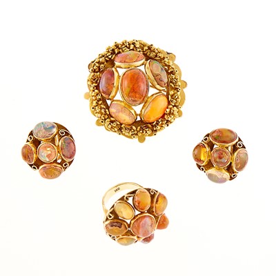 Lot 1045 - Gold and Opal Ring, Pendant-Brooch and Pair of Earlcips
