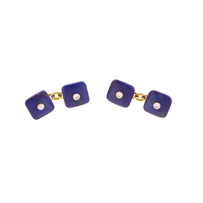 Lot 1072 - Pair of Lapis, Gold and Diamond Cufflinks