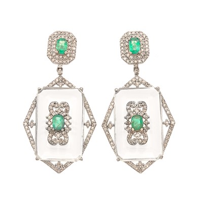 Lot 1123 - Pair of Silver, Rock Crystal, Emerald and Diamond Pendant-Earrings