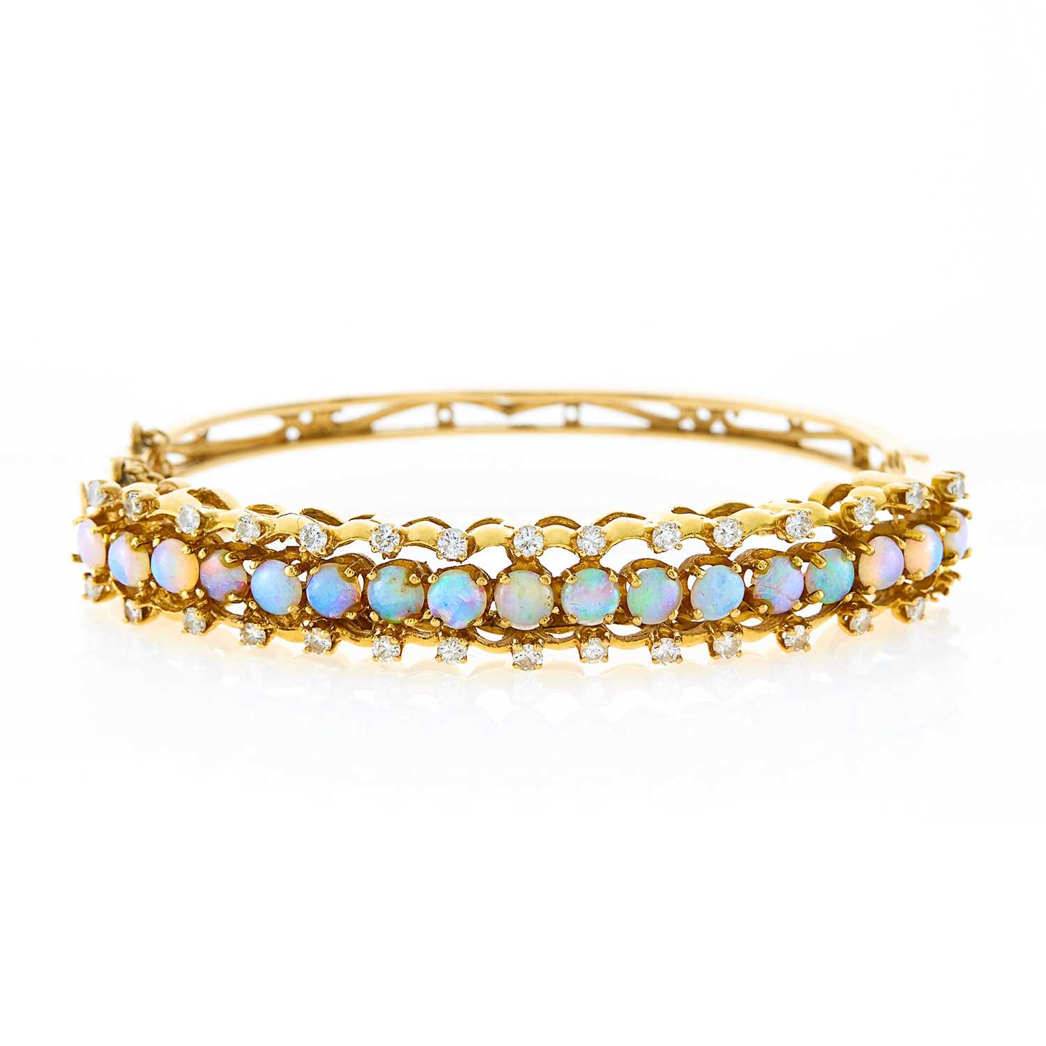 Lot 1062 - Gold, White Opal and Diamond Bangle Bracelet