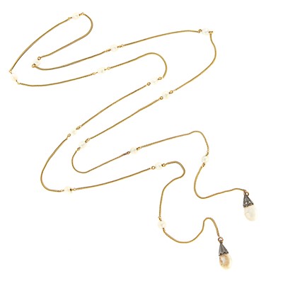 Lot 1270 - Gold, Silver, Baroque Pearl and Diamond Lariat Necklace