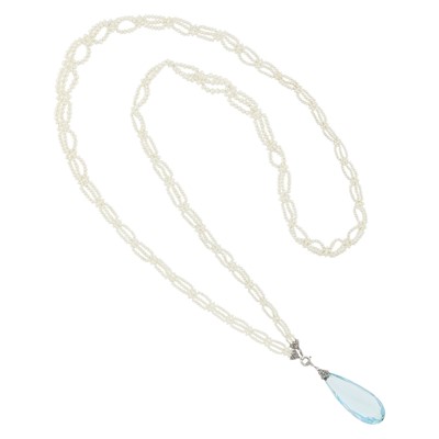Lot 98 - Platinum, Seed Pearl and Aquamarine Briolette Sautoir