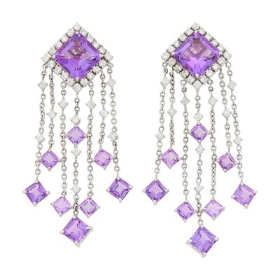 Lot 1077 - Pair of White Gold, Amethyst and Diamond Fringe Pendant-Earclips