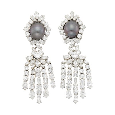Lot 208 - Kutchinsky Pair of Platinum, Tahitian Black Cultured Pearl and Diamond Pendant-Earclips with Interchangeable Pendants