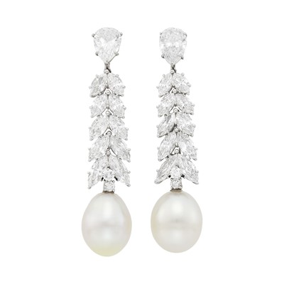 Lot 241 - Jacques Timey for Harry Winston Pair of Platinum, Diamond and South Sea Cultured Pearl Pendant-Earclips